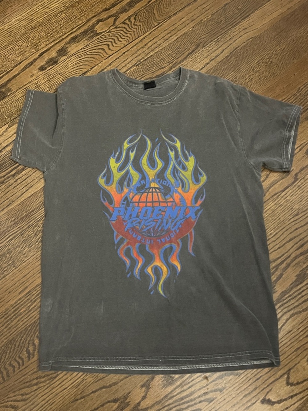 Phoenix Black Tee with Blue, Yellow & Orange Flame Graphic